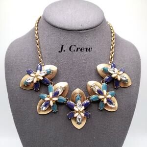 J. Crew Rhinestone Frontal Necklace, Purple Green Clear Rhinestones, Floral 19"